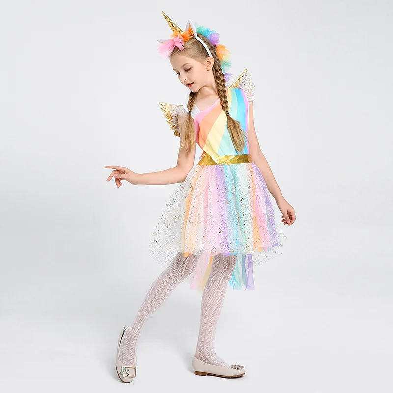 Kids Rainbow Princess tutu dress with wing and Headwear cute Fancy Dress girl Unicorn Princes Costume