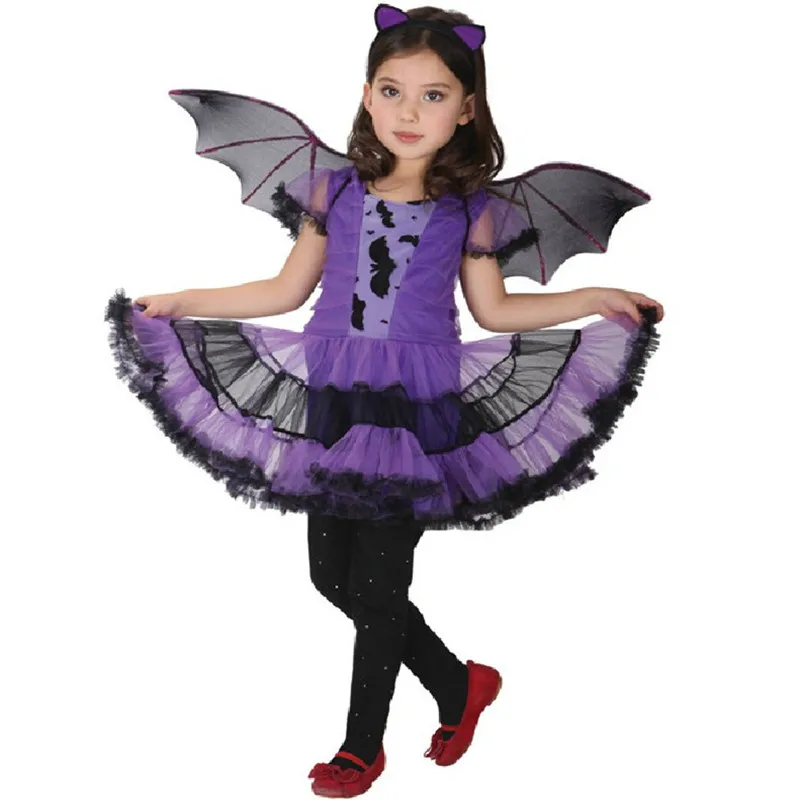 Halloween Batman girls Cosplay Costumes With Wings Batman For Girls Kids Children Elf Bat Girls Purple