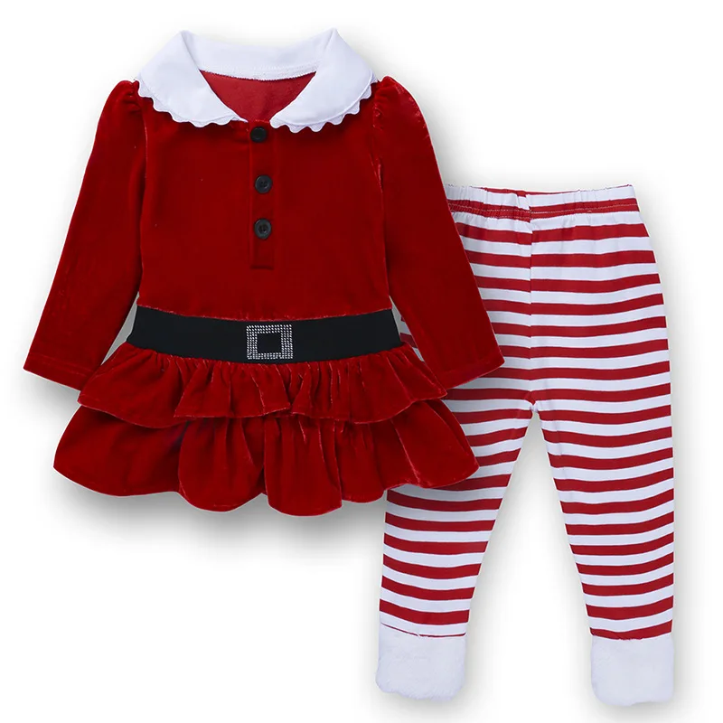 Christmas Outfit Baby Girl Cute Doll Collar Pleated Corduroy Tops Stripe Pants 2 Pieces Set Winter