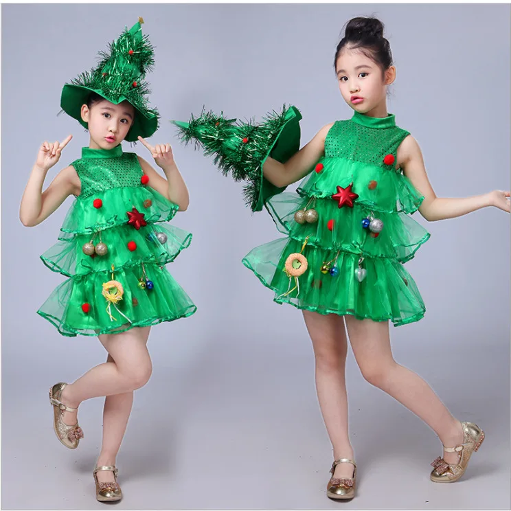 Baby Girl Sleeveless Dresses Children Green Clothes Christmas Halloween Costumes Tree Dress Hat Purim Elf Cosplay