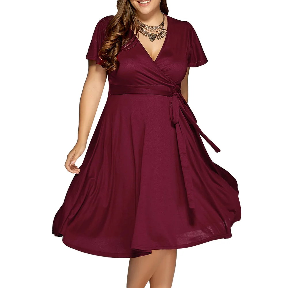 LANGSTAR Plus Size Summer Dress Low Cut A Line Surplice Front Tie Swing Dress V Neck